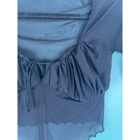 Urban Outfitters Black Sheer Mesh Ruched Crop Top — Lettuce Hem Long Sleeve — Si - Picture 3 of 5